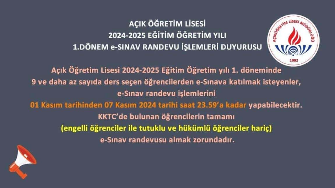 Açık Öğretim Lisesi e-Sınav randevu işlemlerini 01 Kasım tarihinden 07 Kasım 2024 tarihi saat 23.59'a kadar yapabilecektir.